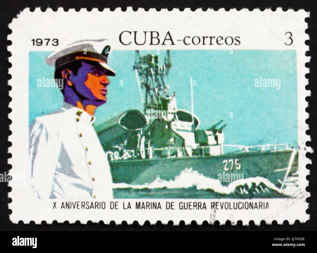 CUBA - CIRCA 1973: Un francobollo stampato a Cuba mostra Midshipman e Missile Frigate, anniversario della Marina rivoluzionaria, circa 1973 Foto Stock