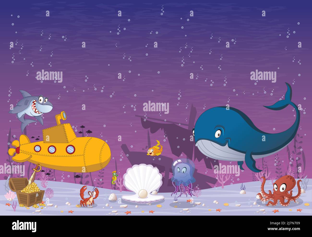 Mondo sottomarino dei cartoni animati con coralli, pesci e creature oceaniche. Illustrazione Vettoriale
