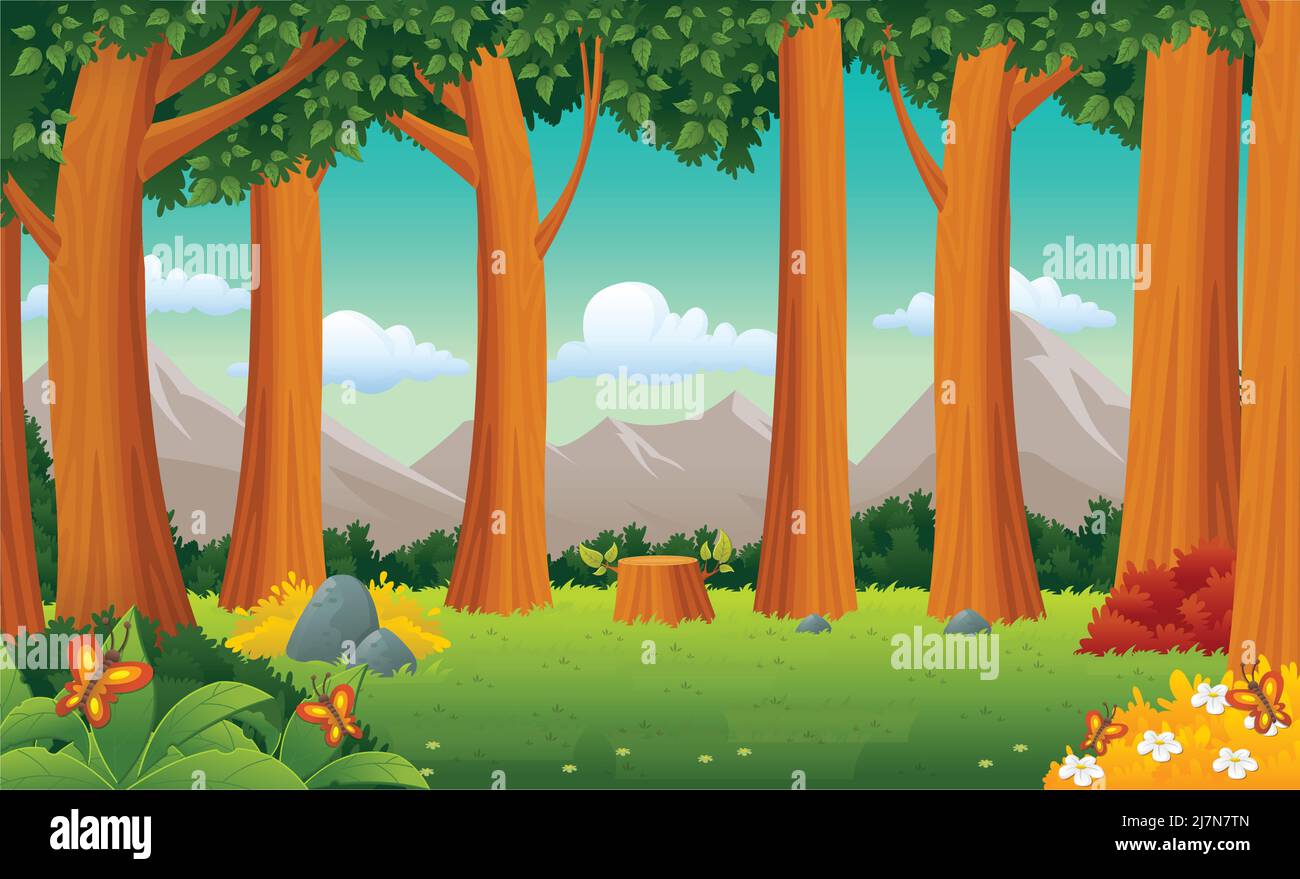 Verde foresta con erba e alberi. Paesaggio naturale. Illustrazione Vettoriale