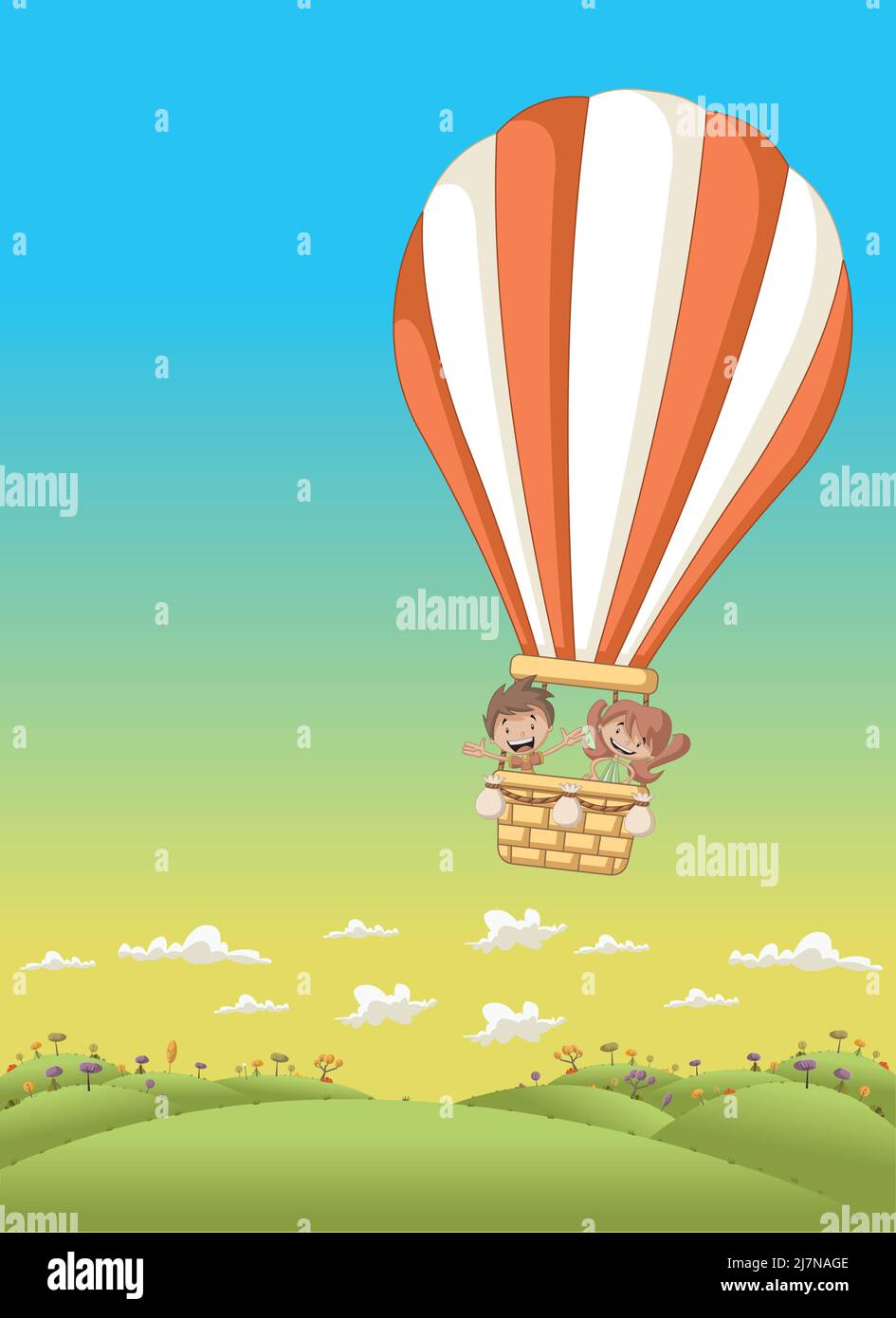 I bambini di cartone animato all'interno di una mongolfiera che vola sopra un parco verde Illustrazione Vettoriale