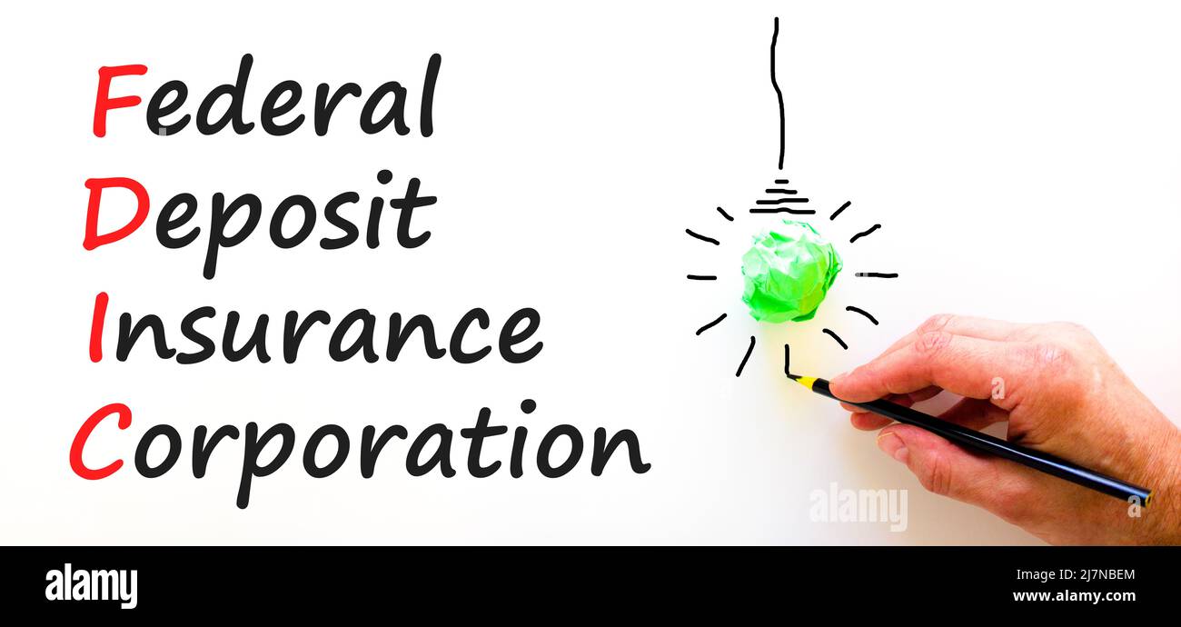FDIC Federal Deposal Insurance Corporation simbolo. Concetto parole FDIC società federale di assicurazione dei depositi su sfondo bianco. Business FDIC federale Foto Stock