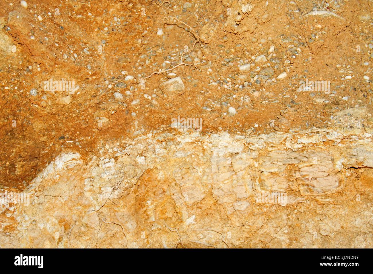 Profilo del suolo: Strato di terra rosso-marrone con ciottoli su roccia stagionata, Creta, Grecia Foto Stock