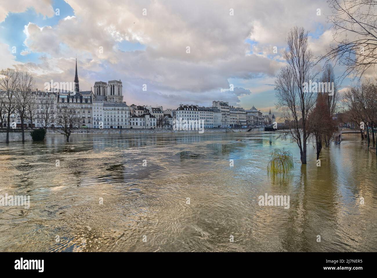 Quai de Bourbon, quai aux Fleurs, Notre-Dame e la Conciergerie visto da quai de l'Hôtel de Ville quando la Senna era sorto 18 piedi. Foto Stock