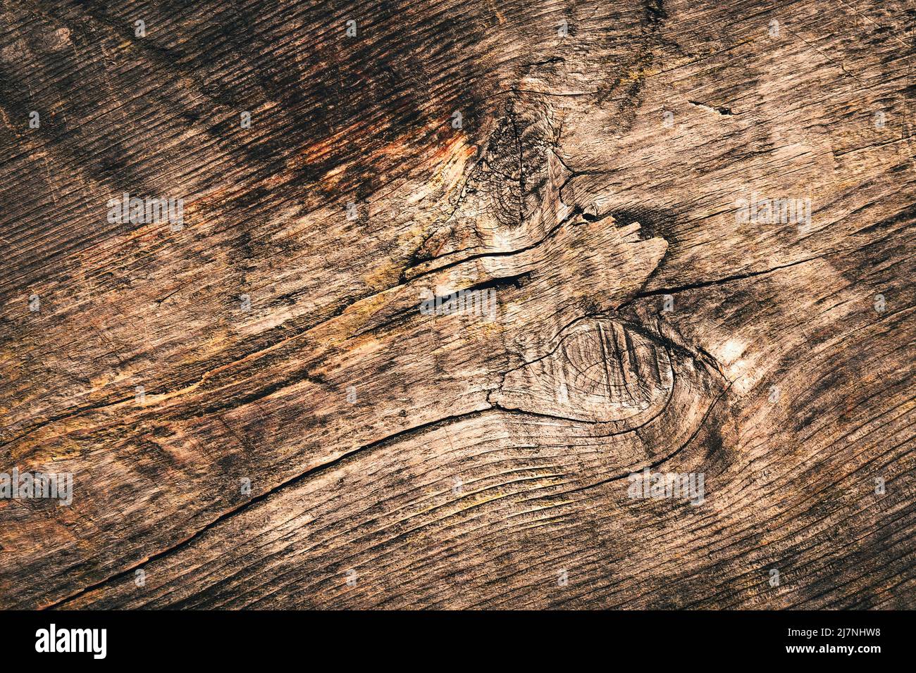 sfondo o texture dettaglio di vecchio legno intemperiato con nodo Foto Stock