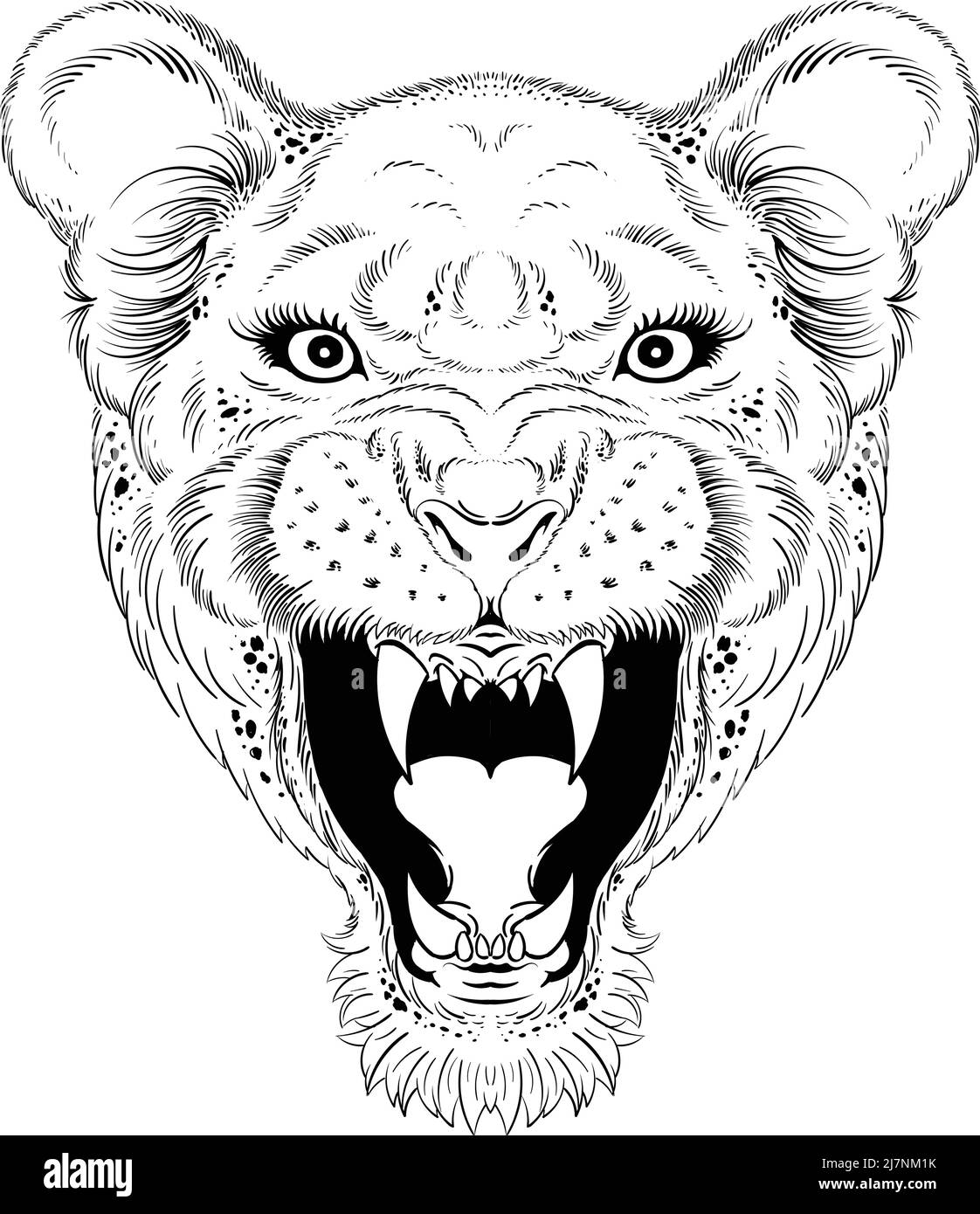 Il leone con logo Vector per tatuaggio o maglietta stampa o outwear. Sfondo leoni stile caccia. Questo disegno a mano sarebbe bello da fare sul bl Illustrazione Vettoriale