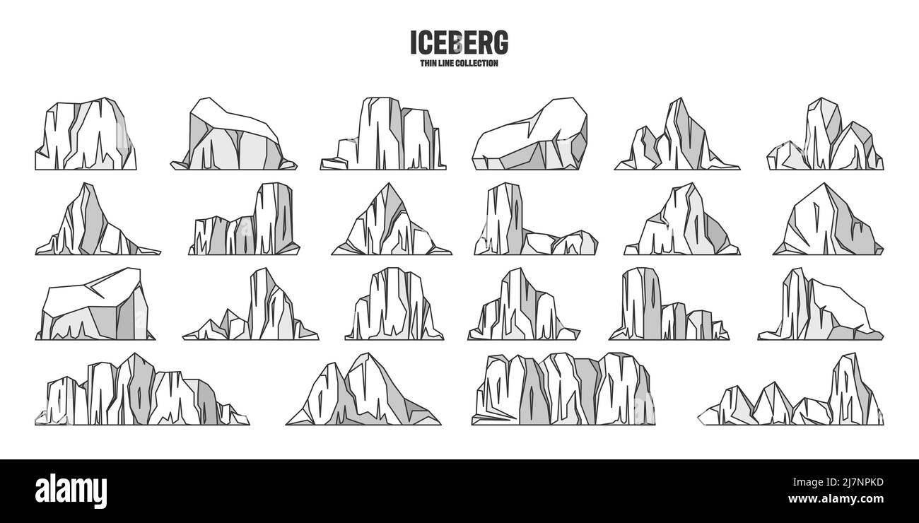 Vari iceberg galleggianti. Ghiacciaio di deriva artico, blocco di acqua ghiacciata dell'oceano. Montagne ghiacciate con neve. Picco di fusione del ghiaccio. Paesaggio innevato antartico Illustrazione Vettoriale