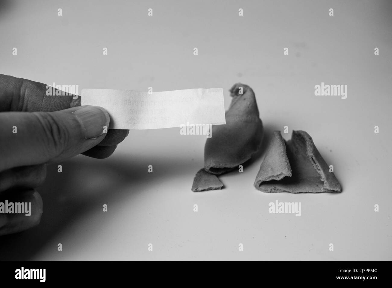 Primo piano su un cookie Fortune aperto con un messaggio vuoto, o carta bianca. Foto Stock
