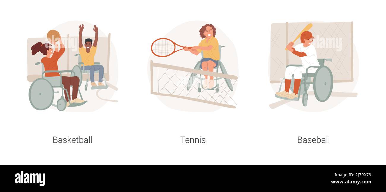 Sport per bambini disabili isolato cartoon vettore illustrazione set. Bambino in sedia a rotelle che gioca a basket, tennis per disabili, attrezzatura speciale di baseball, cartoon vettoriale di attività fisica. Illustrazione Vettoriale