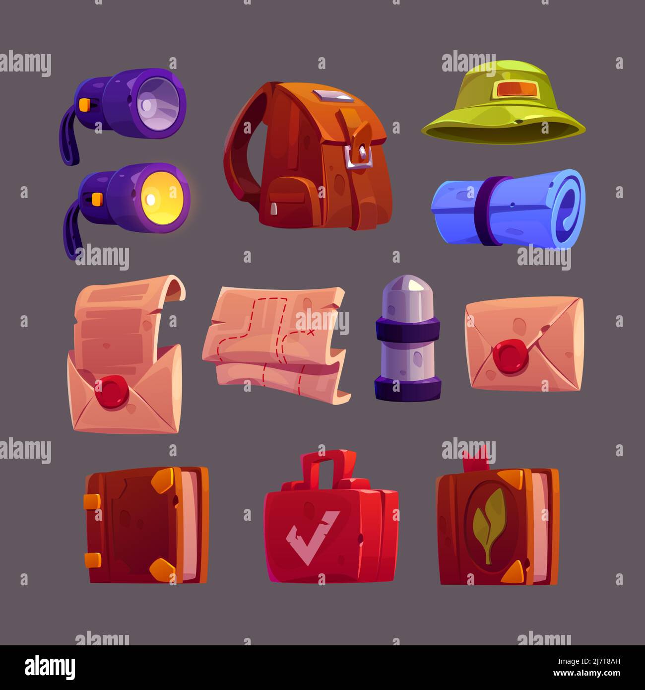 Equipaggiamento da avventura per viaggiare, esplorare e caccia al tesoro. Icone vettoriali cartoon set di attrezzi da trekking, zaino, torcia, cappello, tappeto, thermos, busta con lettera e diario turistico Illustrazione Vettoriale