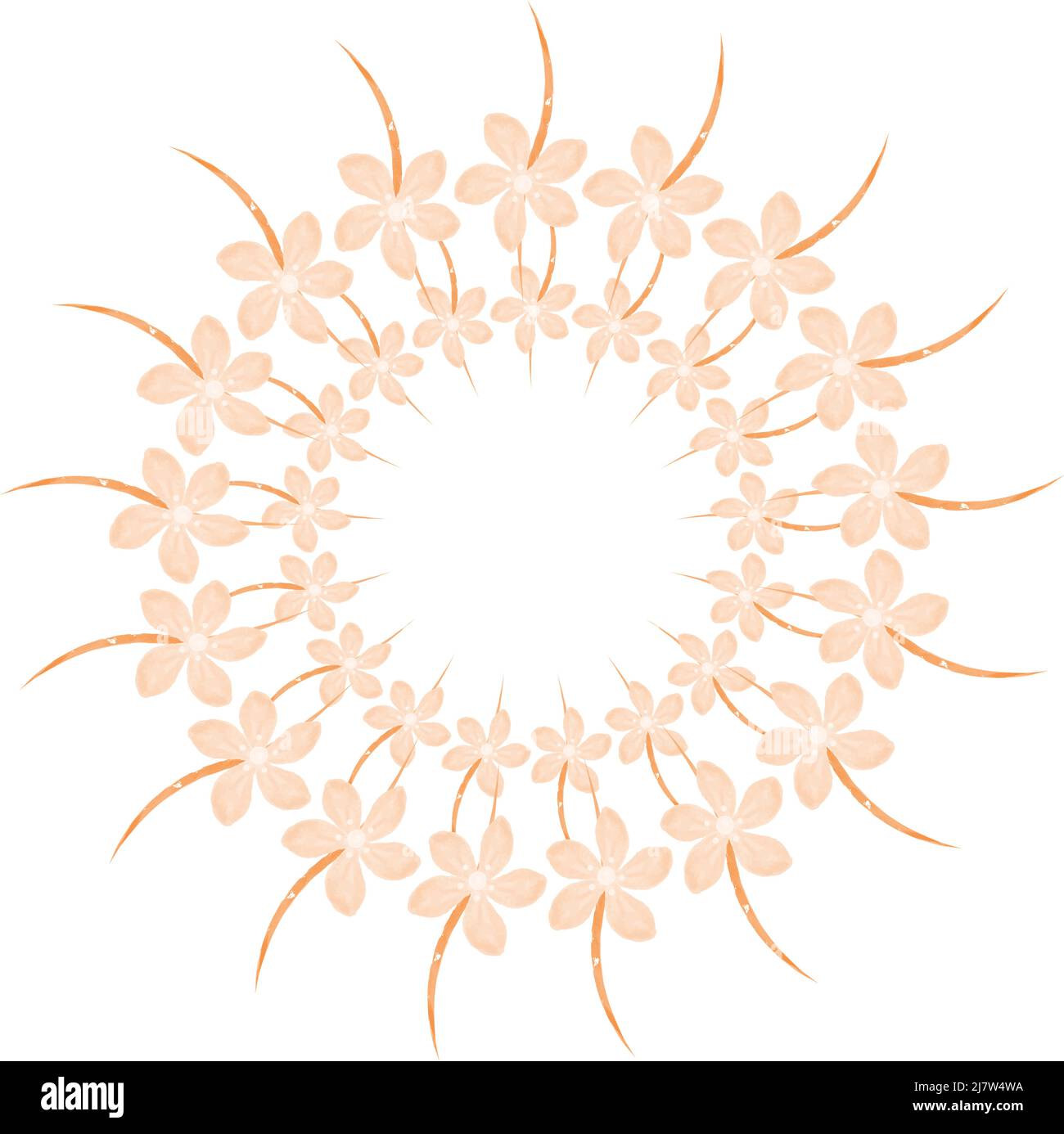 Una cornice rotonda di fiori in tonalità arancio alla moda, realizzata in stile acquerello. Ideale per tovaglioli, asciugamani, poster, striscioni. Sfondo astratto. Illustrazione Vettoriale