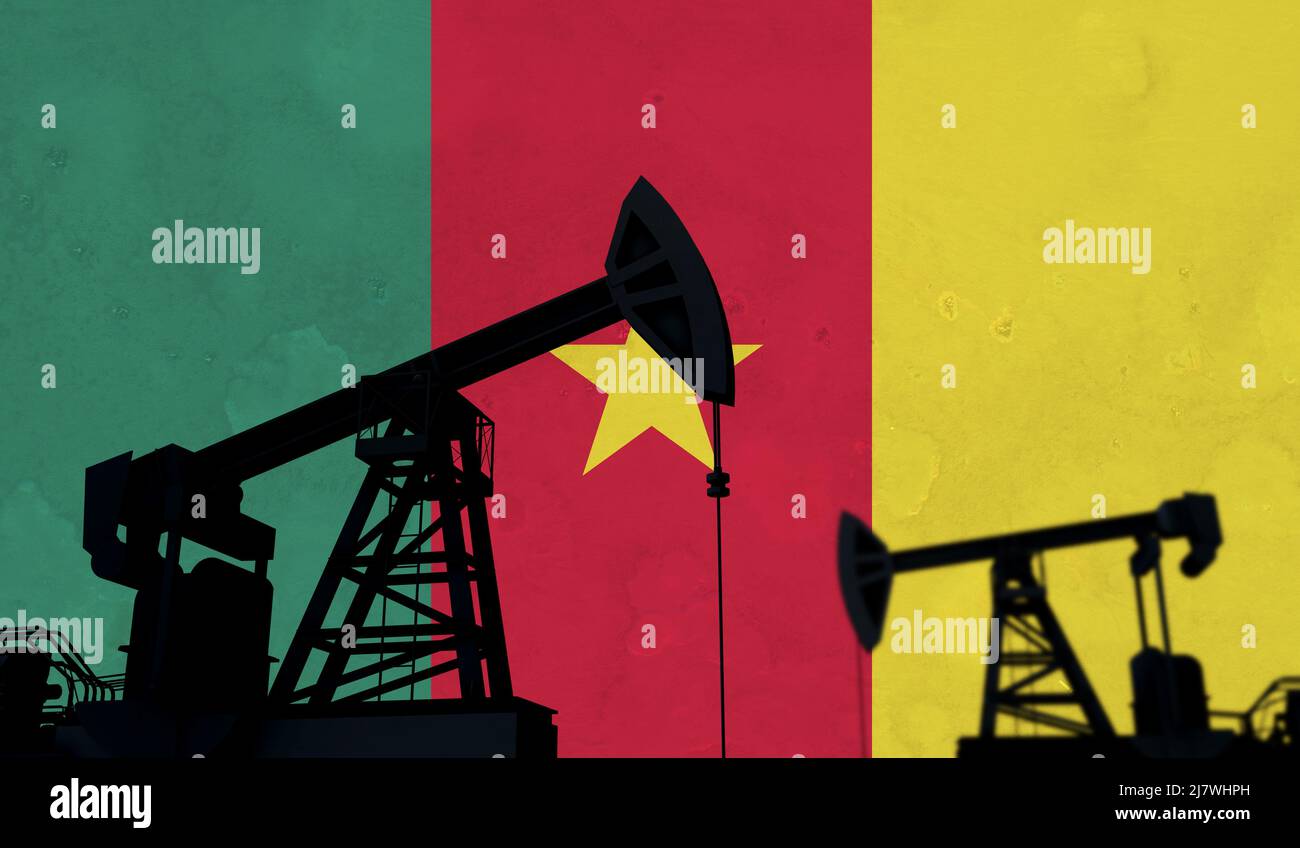 Background dell'industria petrolifera e del gas. Sagoma della pompa dell'olio contro una bandiera del camerun. 3D rendering Foto Stock