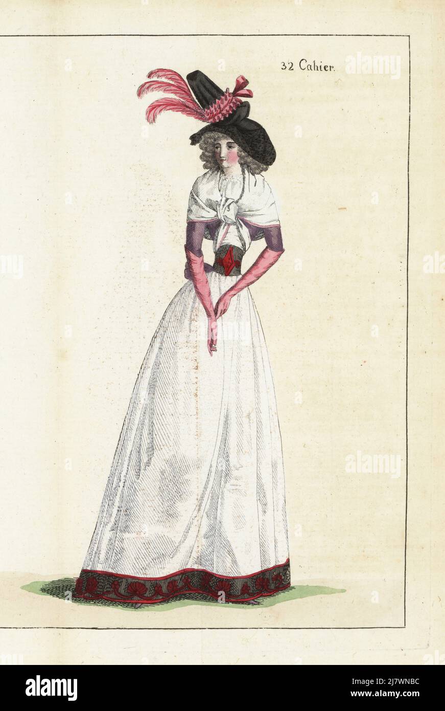 Donna con cofano in raso nero con nastro rosa, fichu en chemise, caraco o coureur viola satinato, cintura nera, petticoat bianco satinato, guanti rosa, ciabatte viola. Incisione a mano su copperplate del Journal de la Mode et du Gout di Jean-Antoine le Brun o di Lebrun-Tossa, precedentemente Cabinet des Modes, Chez Buisson, Parigi, e Joseph le Boffe, Londra, 32me Cahier, 5 gennaio 1791. Foto Stock