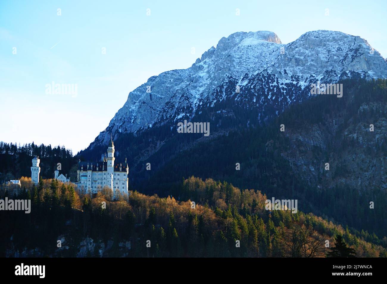 Veduta della fiaba tedesca: Il Castello di Neuschwanstein, circondato da boschi e cime montane, nelle Alpi bavaresi Foto Stock