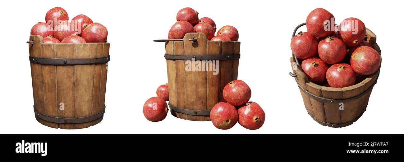 melograni, secchi di legno pieni di frutta succosa, posti isolati su sfondo bianco Foto Stock
