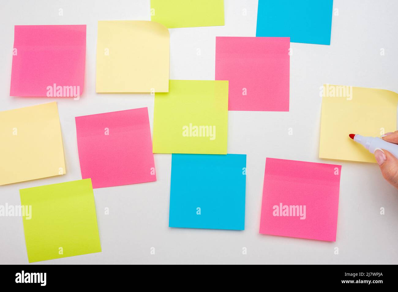 Note adesive vuote su sfondo bianco. Mockup appiccicoso Note Paper. Fogli vuoti per note su bacheca bianca. Mano con marcatore rosso pronto per scrivere Foto Stock