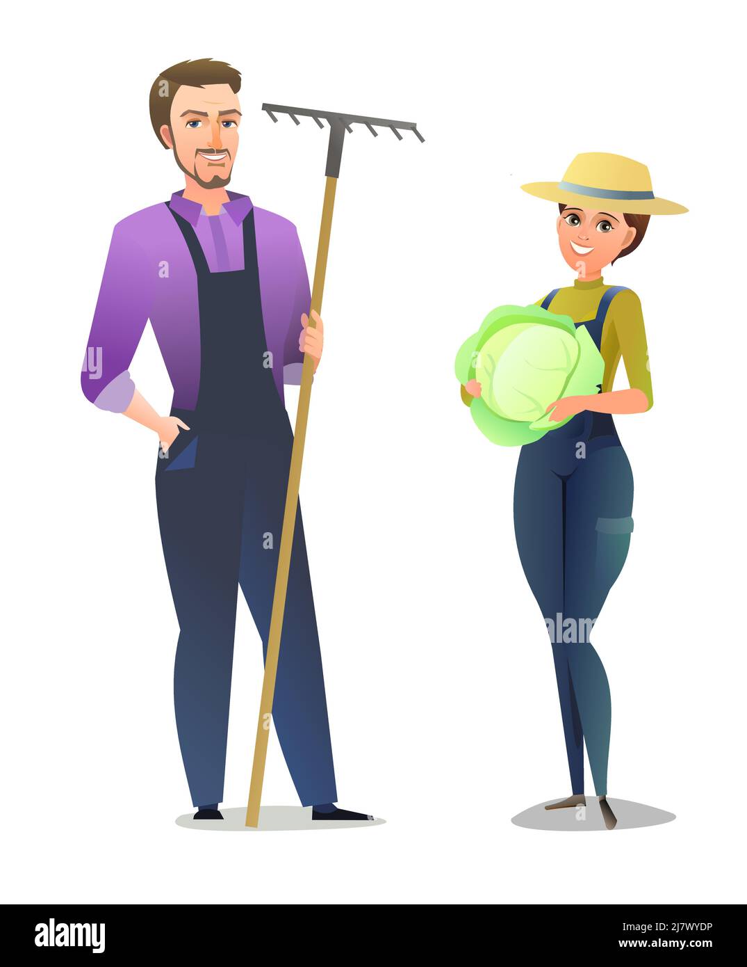 Uomo e donna contadino in tute. Lavoratore agricolo. Persona allegra. Posa in piedi. Stile fumetto Cartoon. Figura dorso bianco isolato Illustrazione Vettoriale