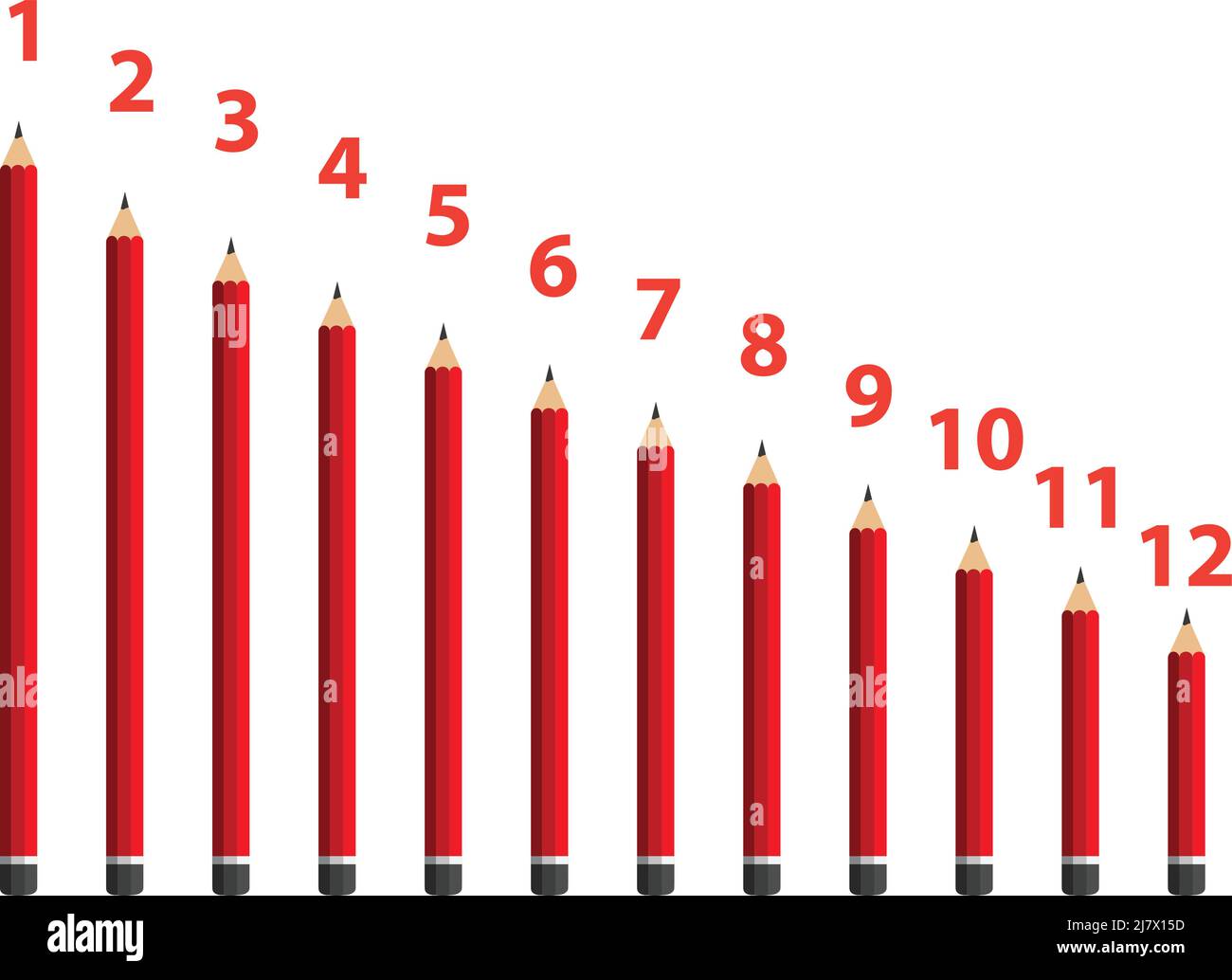 matite rosse e numeri da uno a dodici. con sfondo bianco Illustrazione Vettoriale