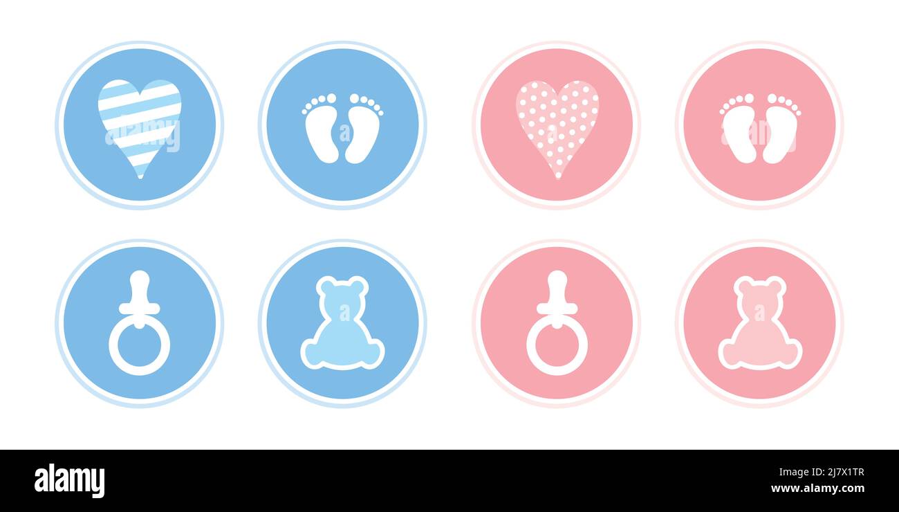 set blu e rosa di icone per bambini footprint stroller e succhietto Illustrazione Vettoriale