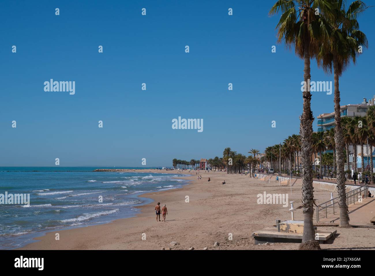 Villajoyosa spiaggia e palme Costa Blanca Alicante Spagna mare blu e cielo Foto Stock