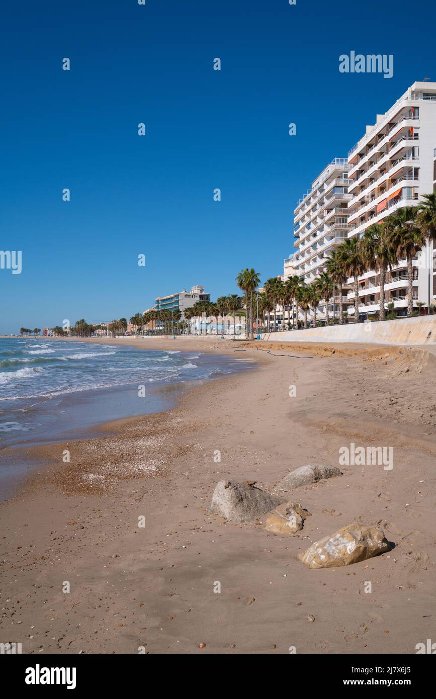 Villajoyosa Spagna spiaggia e lungomare con palme sabbia e appartamenti Costa Blanca Alicante Foto Stock