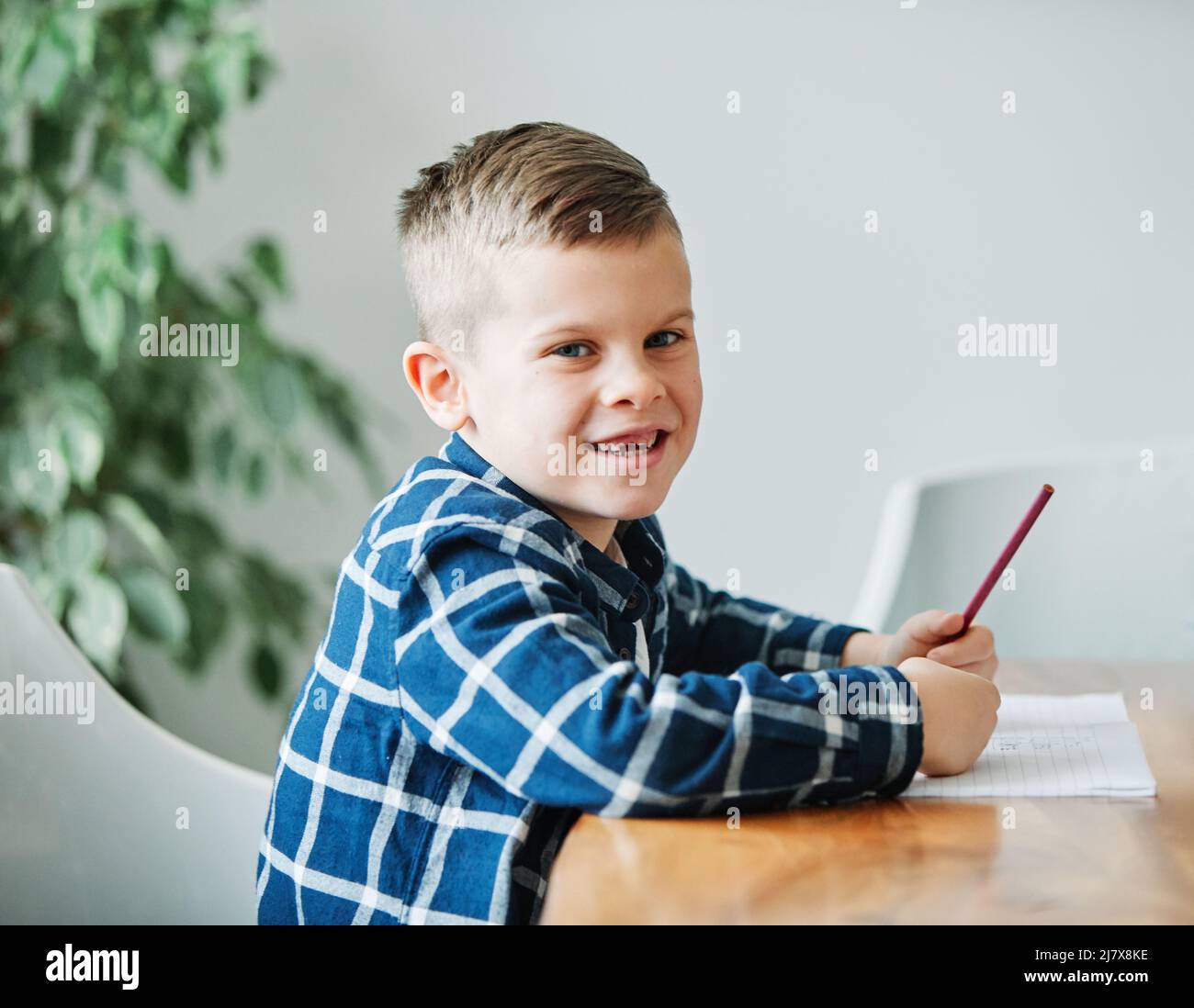 bambino ragazzo lavoro scuola istruzione scuola classe studiare infanzia casa bambino studente Foto Stock