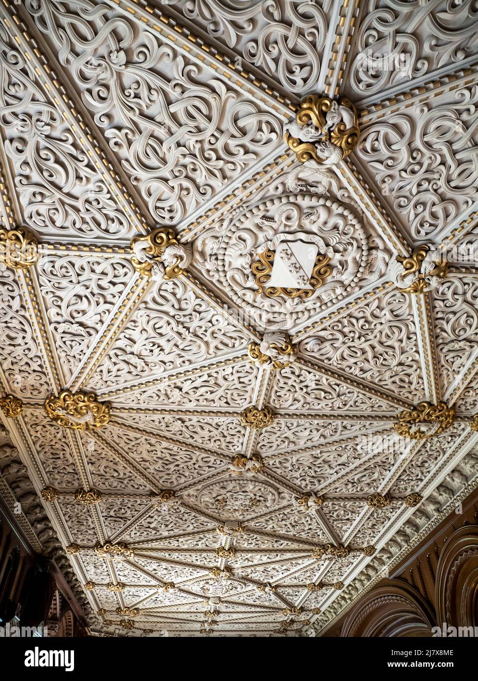 Un soffitto ornato in gesso al castello di Penrhyn, Bangor, Galles del Nord, Regno Unito. Foto Stock