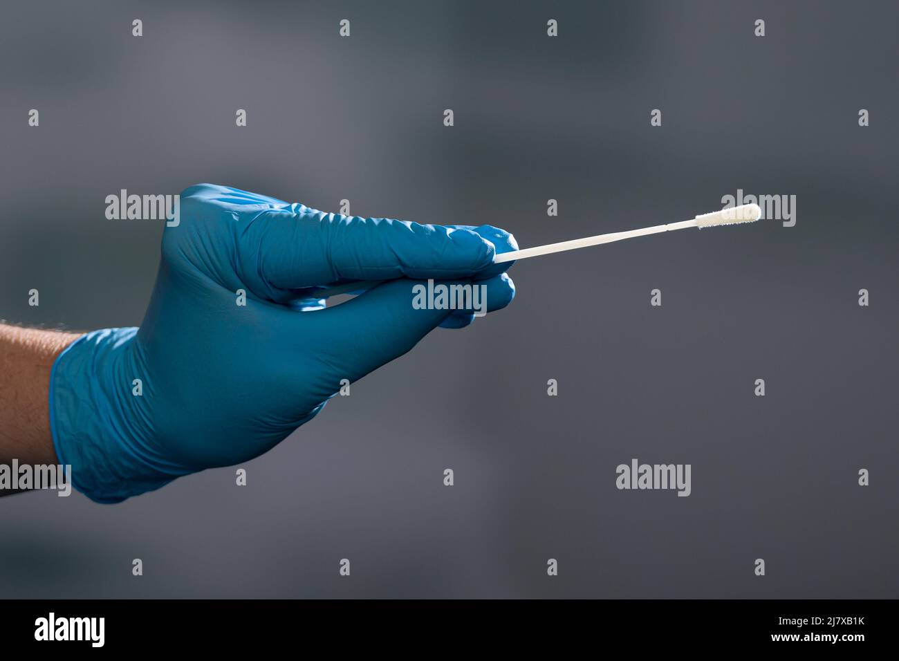 Primo piano della mano del medico che maneggia un test dello striscio o del tampone in un laboratorio medico Foto Stock