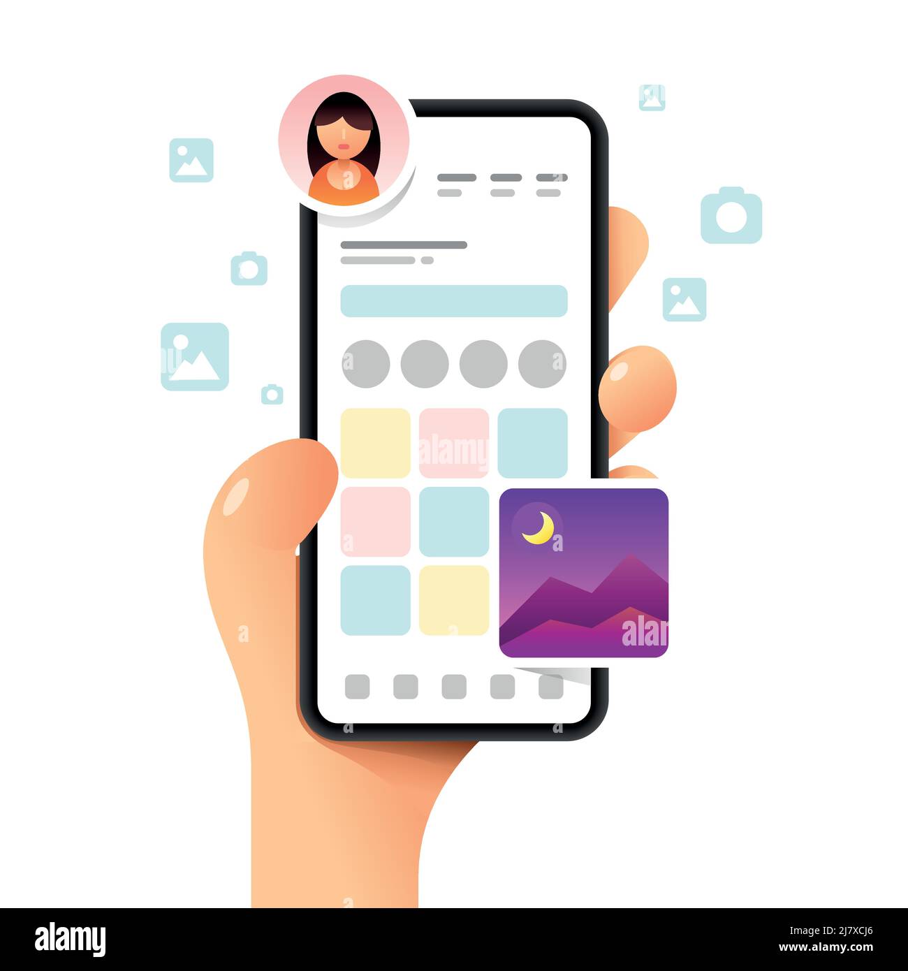 Smartphone mockup in mano umana. Dashboard dell'app. Schermata principale del profilo. Immagine vettoriale colorata sui social media. Instagram, Whatsapp, Skype Illustrazione Vettoriale