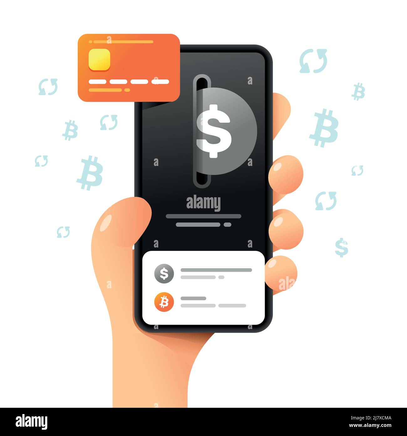 Smartphone mockup in mano umana. Operazione di scambio. Carta di credito e dollaro. Illustrazione della criptovaluta colorata vettoriale Illustrazione Vettoriale