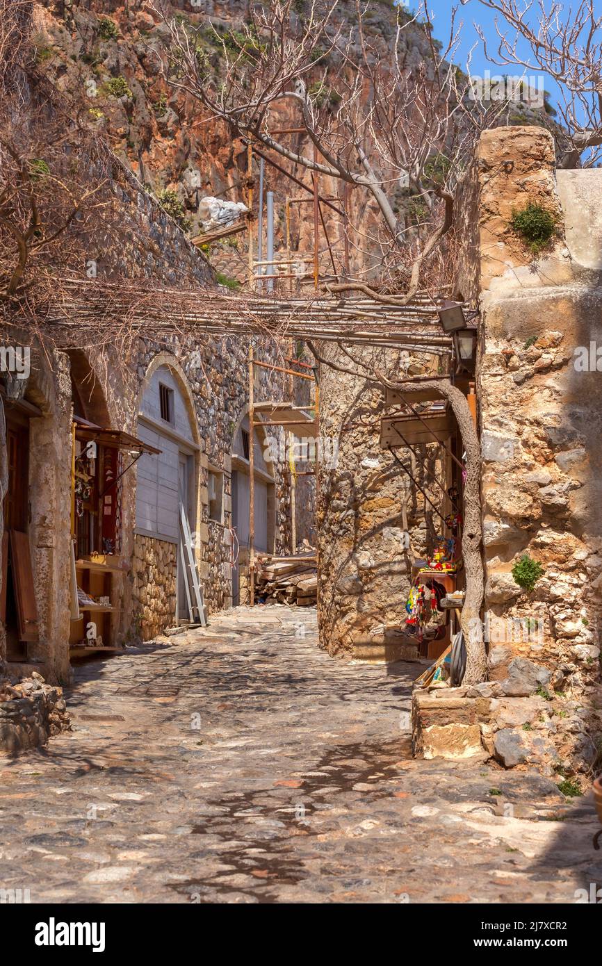 La città medievale di Monemvasia, spesso chiamata Gibilterra greca, Lakonia, Peloponneso, Grecia Foto Stock