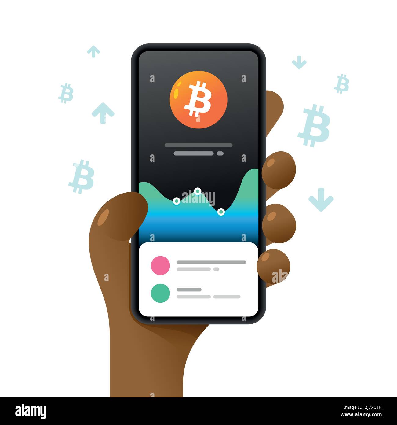 Smartphone mockup in mano umana. Tabella valori Bitcoin. Tendenze del mercato. Illustrazione della criptovaluta colorata vettoriale Illustrazione Vettoriale