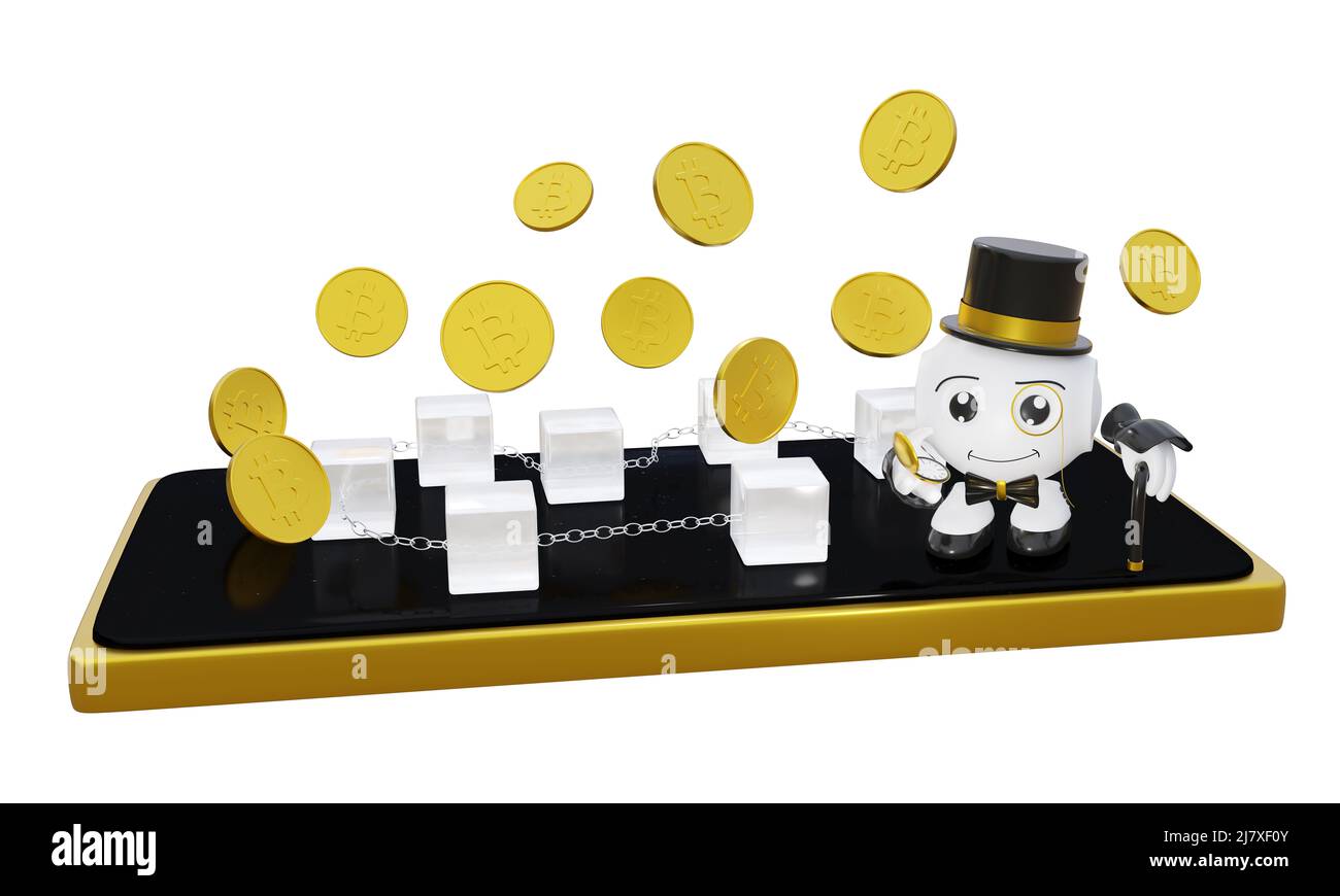 24.01.2022 Germania, NRW - Blockchain con monete bitcoin e un ricco robot emoticon con un cappello. 3d rendering Foto Stock