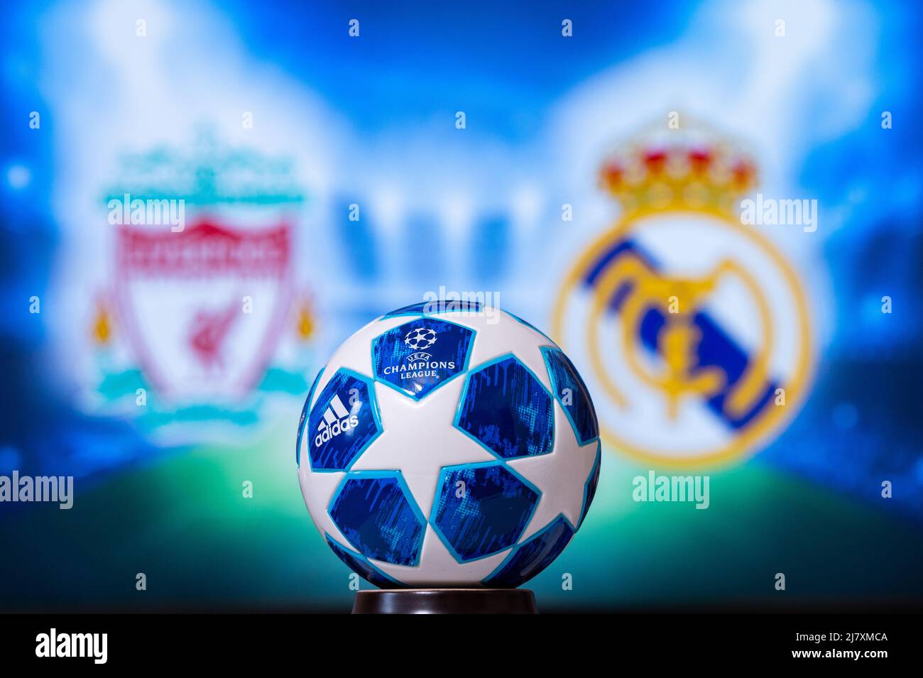 PARIGI, FRANCIA, MAGGIO. 8. 2022: Liverpool FC (ENG) vs Real Madrid (ESP). UEFA Champions League Final 2022 a Parigi, Francia, calcio, blu originale Foto Stock