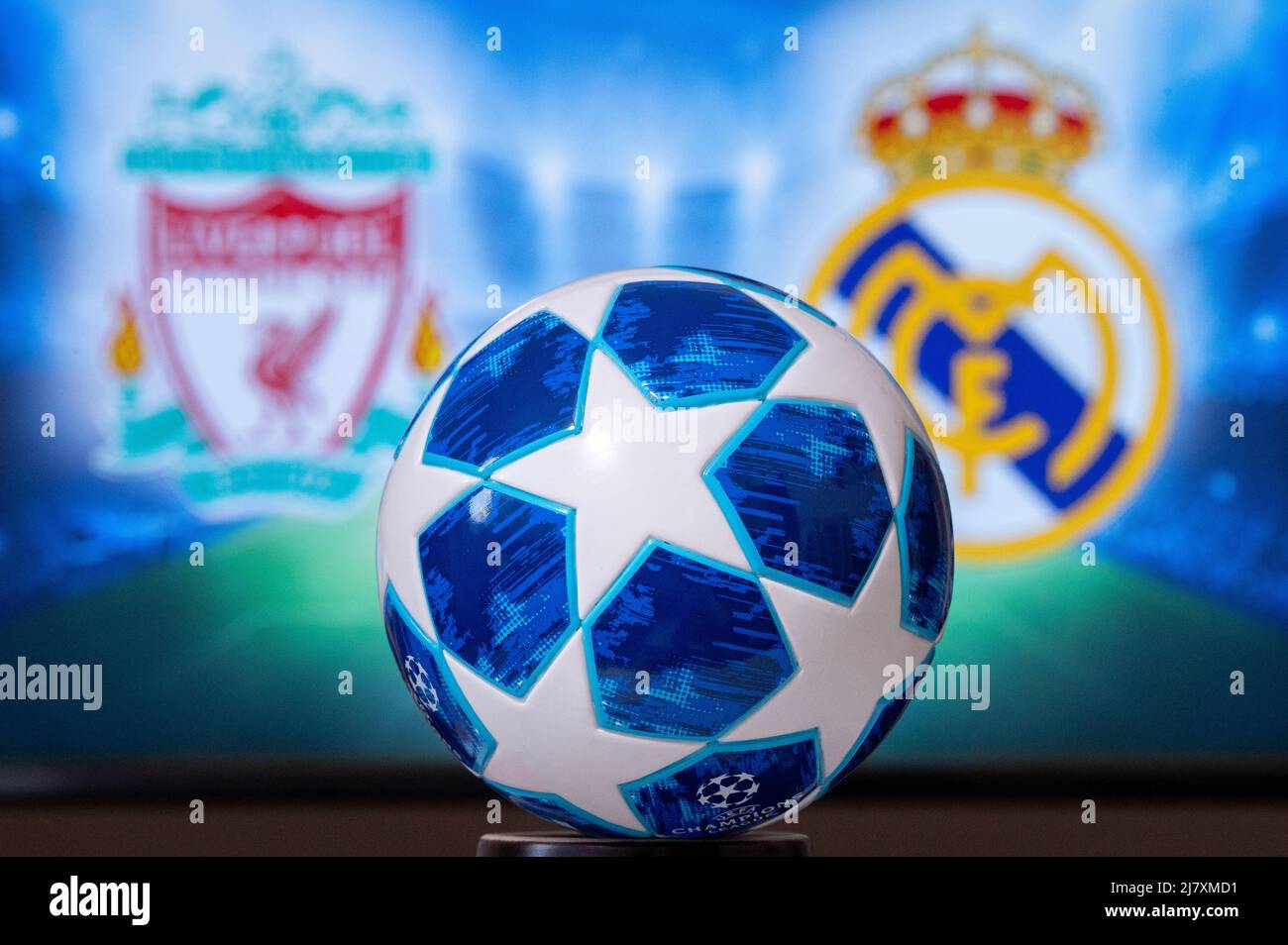 PARIGI, FRANCIA, MAGGIO. 8. 2022: Liverpool FC (ENG) vs Real Madrid (ESP). UEFA Champions League Final 2022 a Parigi, Francia, calcio, blu originale Foto Stock