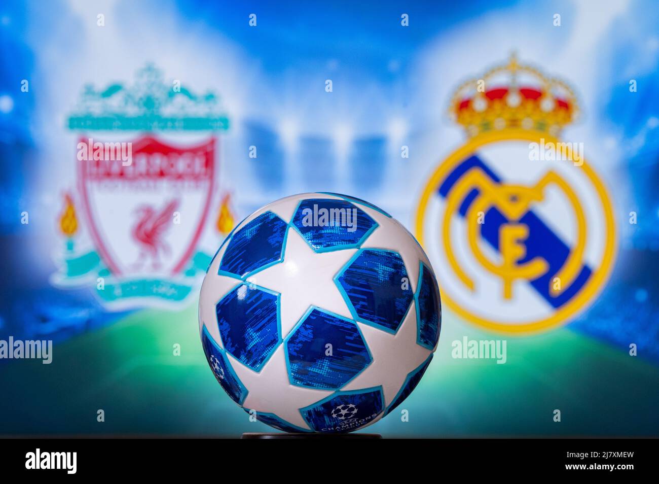 PARIGI, FRANCIA, MAGGIO. 8. 2022: Liverpool FC (ENG) vs Real Madrid (ESP). UEFA Champions League Final 2022 a Parigi, Francia, calcio, blu originale Foto Stock