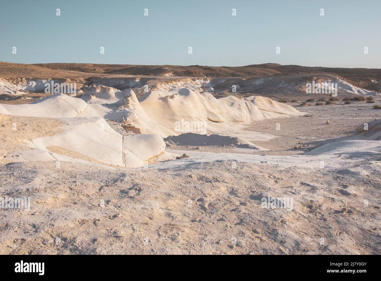 Bellissimo paesaggio lunare. Alture e dolci colline in varie forme in un paesaggio desertico. Le rocce bianche, arrotondate, tortuose e lisce di gesso. Israele. Foto di alta qualità Foto Stock