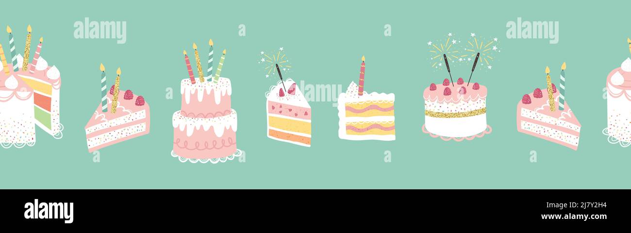 Divertente festa disegnata a mano sfondo senza cuciture con dolci decorati carini. Ideale per feste di compleanno, tessuti, striscioni, sfondi, imballaggio - vettore desig Illustrazione Vettoriale