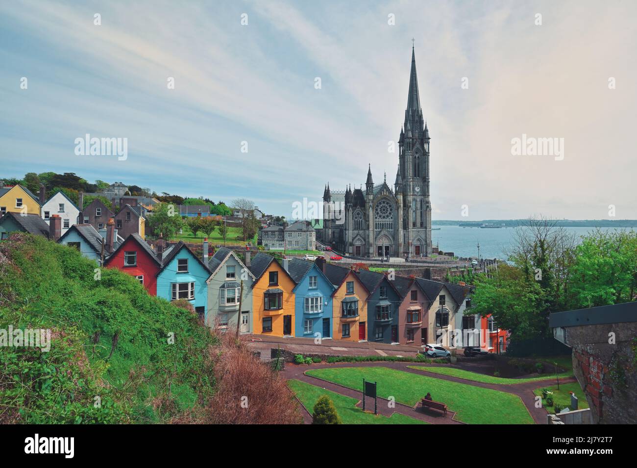Cattedrale di St. Colman e Case colorate a Cobh, Irlanda in estate Foto Stock