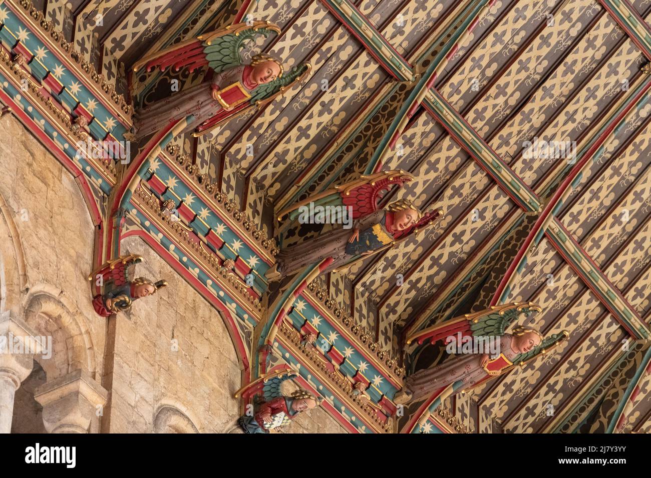 I colorati angeli di legno guardano in basso dal soffitto dipinto del transetto Nord della Cattedrale di Ely Foto Stock