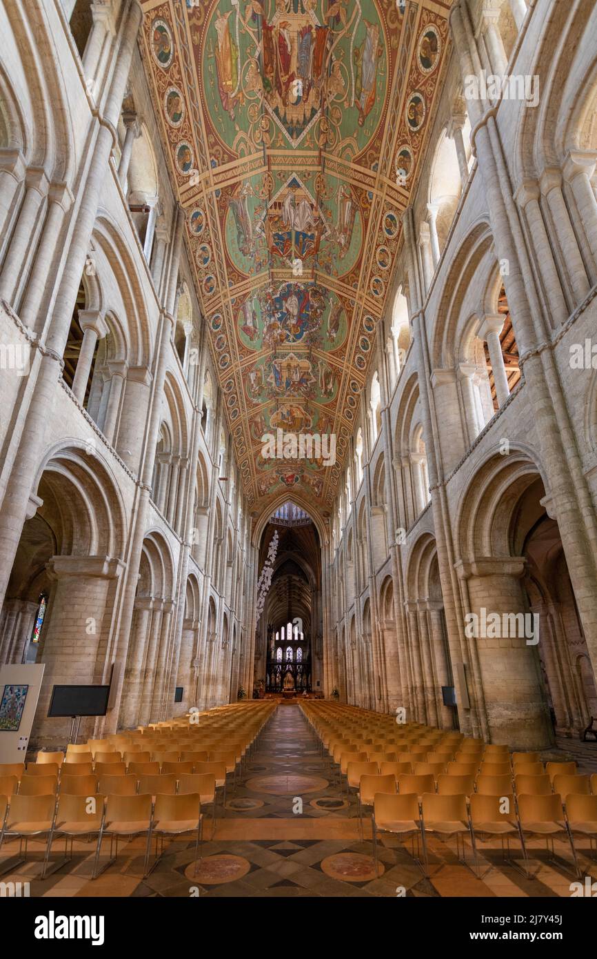 La navata della Cattedrale di Ely con il soffitto dipinto di Henry Styleman le Strange & Thomas Gambier Parry con scene del Vecchio & nuovo Testamento Foto Stock