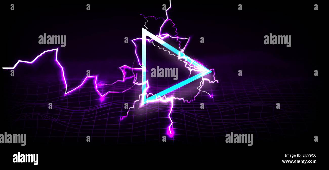 Banner Glitch ampio con triangolo glitched Riproduci icona fulmine. Progetti per banner, pagine Web, presentazioni. Illustrazione Vettoriale