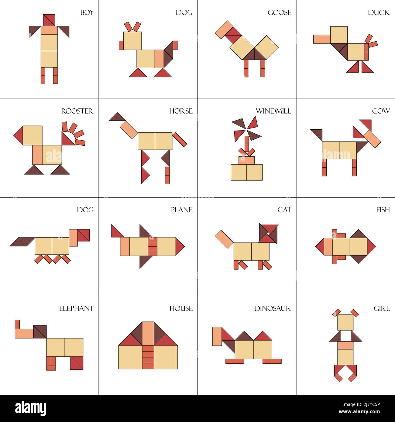 Schemi di gioco di puzzle tangram con diversi oggetti Illustrazione Vettoriale
