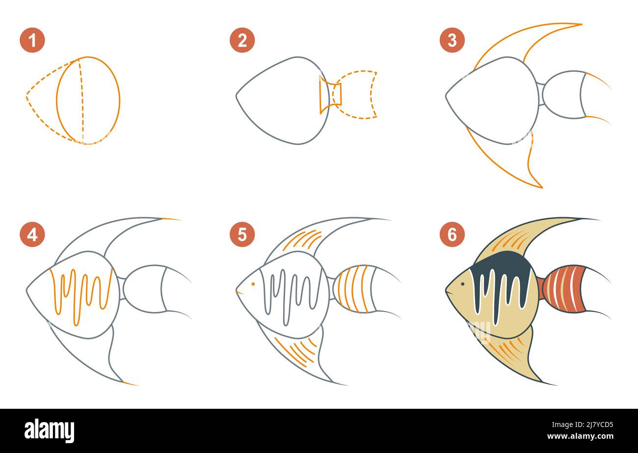 Istruzioni per disegnare angelfish. Passo dopo passo. Illustrazione Vettoriale