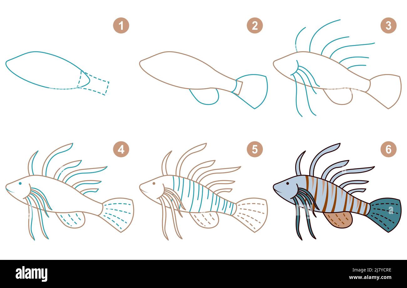 Istruzioni per disegnare pesce zebra. Passo dopo passo. Illustrazione Vettoriale