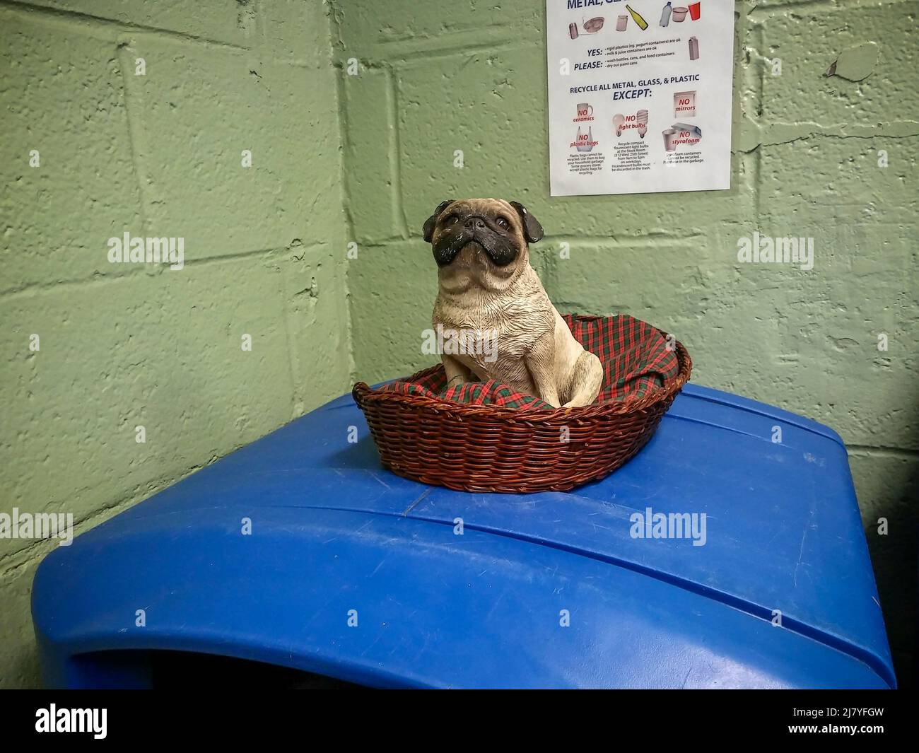 Scultura PUG abbandonata nell'area di riciclaggio di un edificio di appartamenti a New York domenica 10 aprile 2022. (© Richard B. Levine) Foto Stock