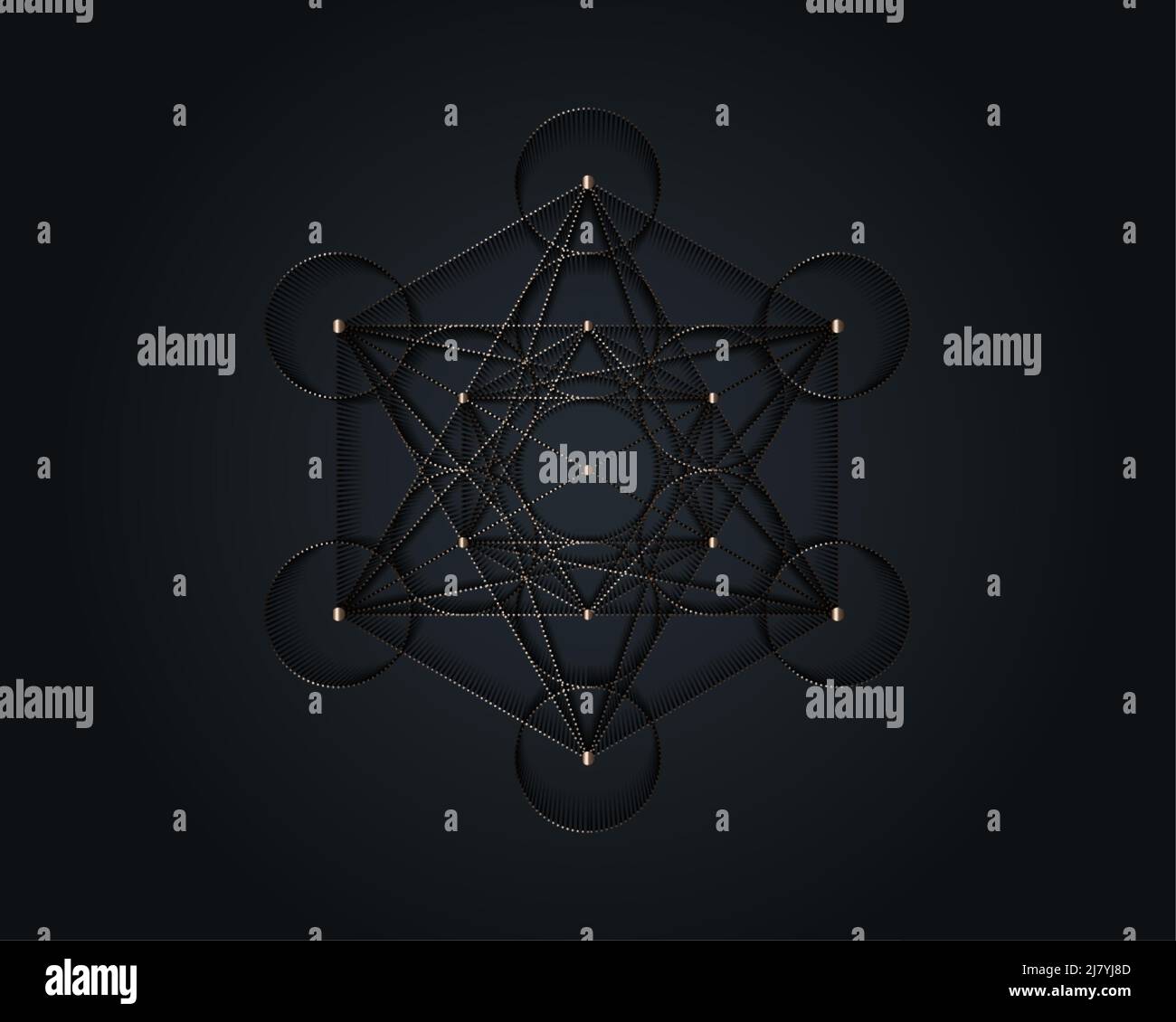Metatron Cube, fiore della vita. Geometria sacra d'oro. Icona mistica platonica solidi Merkabah, astratto disegno geometrico metallico, crop cerchi segno Illustrazione Vettoriale