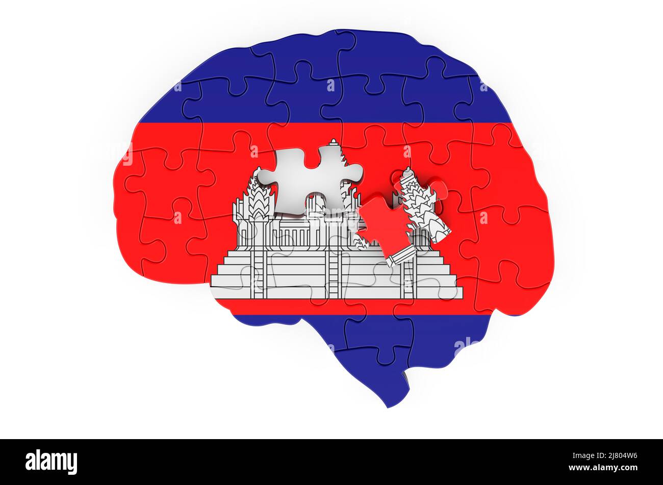 Bandiera cambogiana dipinta sul cervello da puzzle. Ricerca scientifica e l'educazione in Cambogia concetto, 3D rendendo isolato su sfondo bianco Foto Stock
