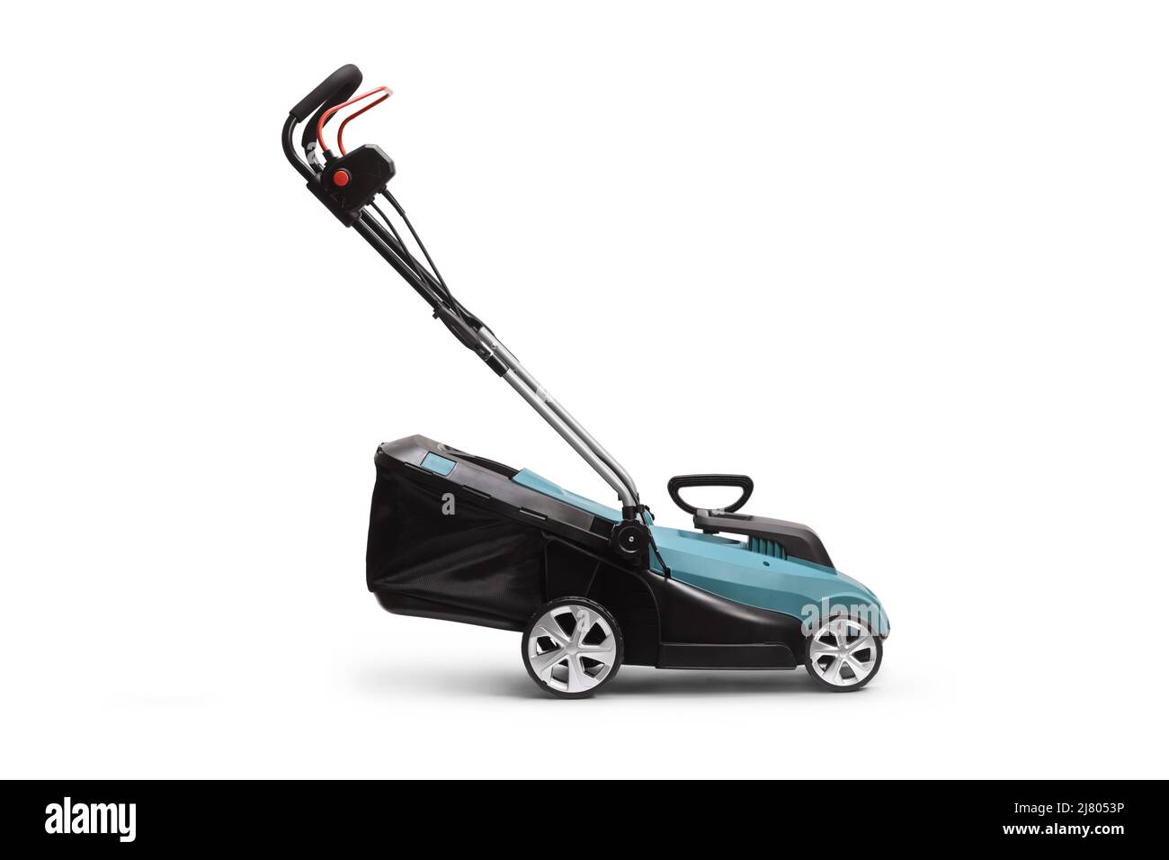 Fiancata di un nuovo rasaerba isolato su sfondo bianco Foto Stock