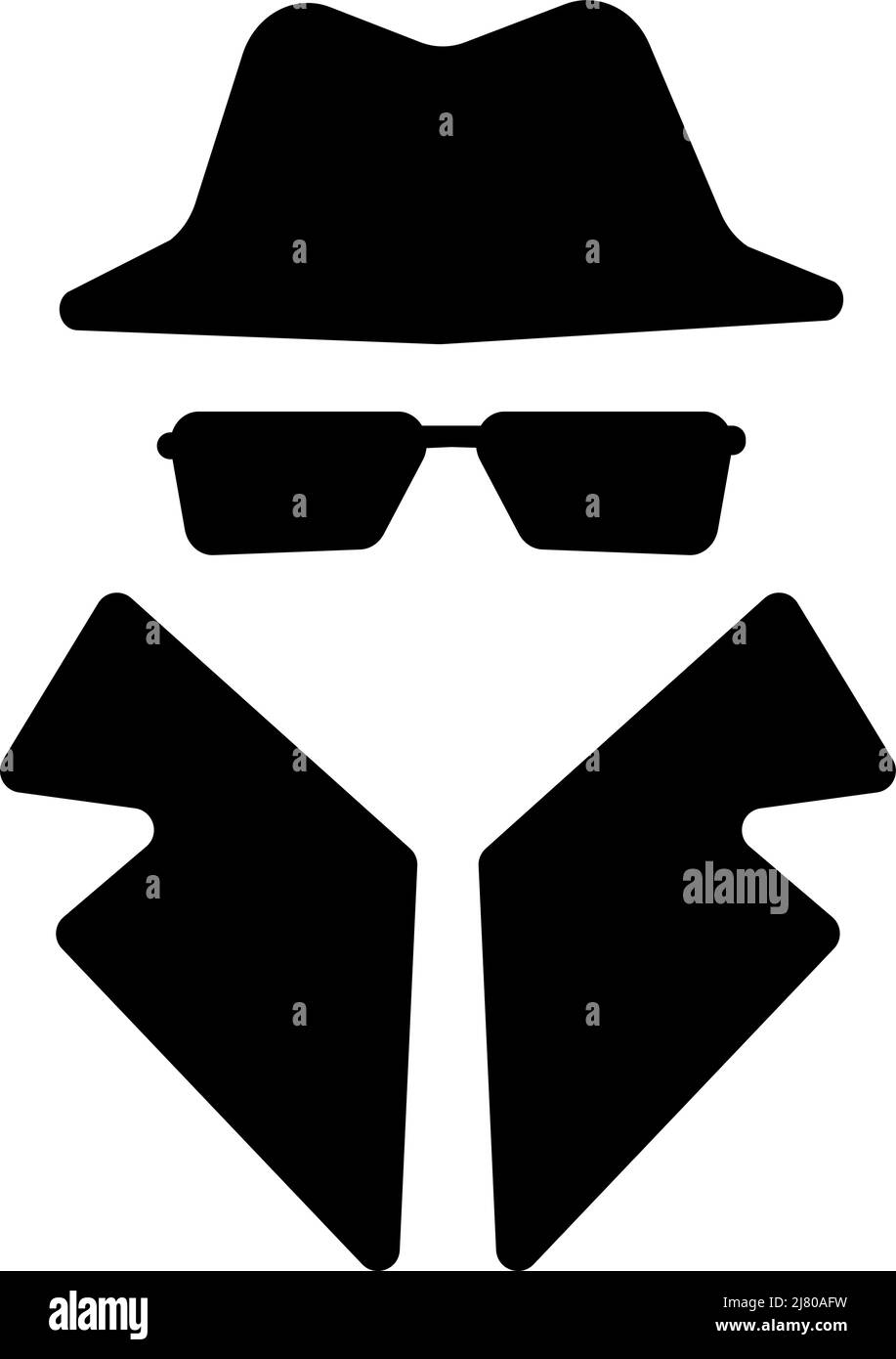 Detective in occhiali da sole e cappello, riservatezza concetto icona su bianco Illustrazione Vettoriale