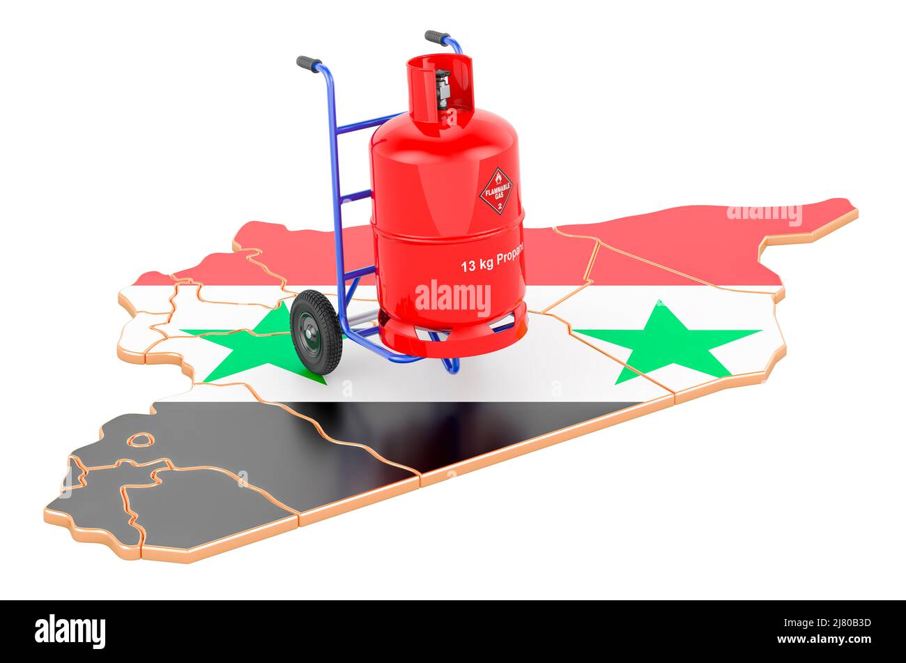Mappa siriana con bombola di gas propano su camion a mano. Servizio di consegna del gas in Siria, concetto. 3D rendering isolato su sfondo bianco Foto Stock